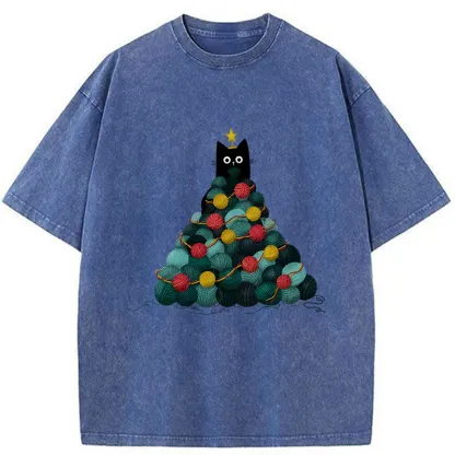 Tokyo-Tiger Yarn Christmas Tree Cat Washed T-Shirt