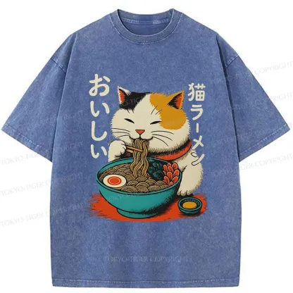 Tokyo-Tiger Cute Eat Eating Japanese Ramen Washed T-Shirt