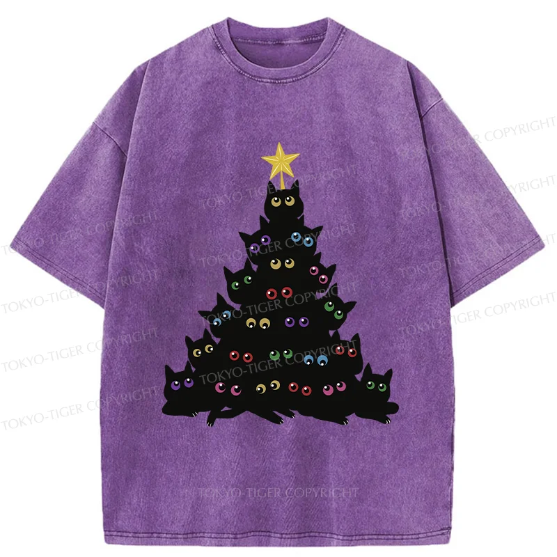 Tokyo-Tiger Cat Christmas Tree Washed T-Shirt