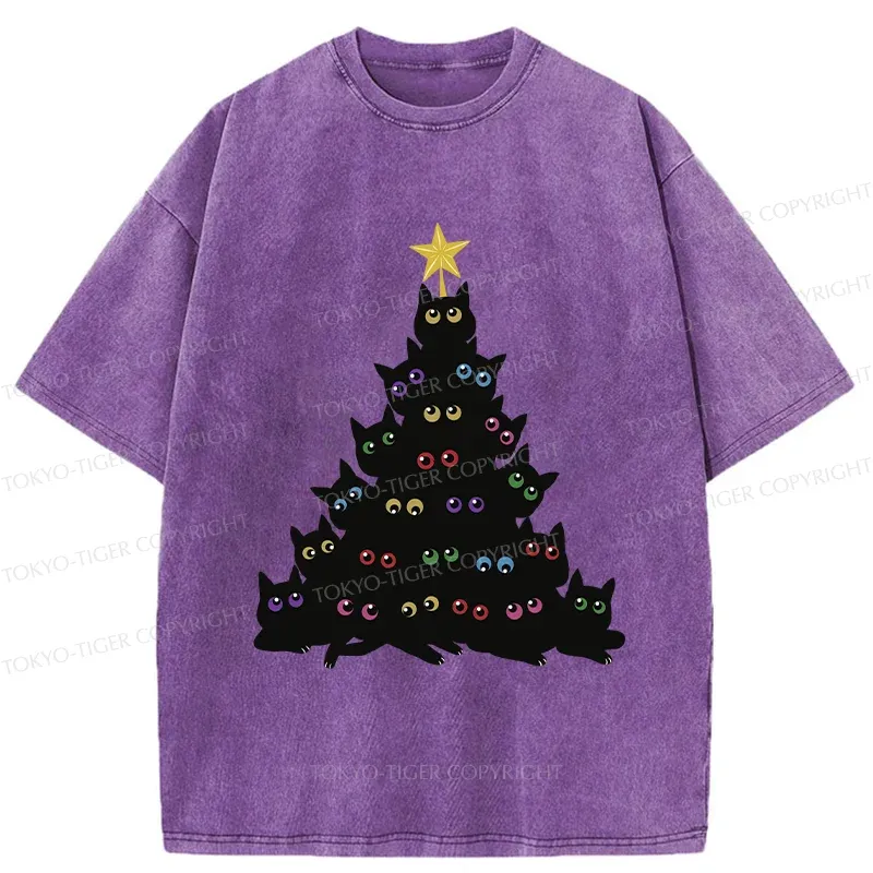 Tokyo-Tiger Cat Christmas Tree Washed T-Shirt