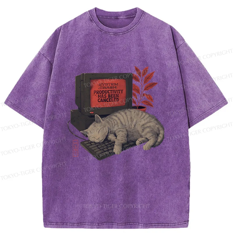 Tokyo-Tiger Cat Sleeping On Computer Washed T-Shirt