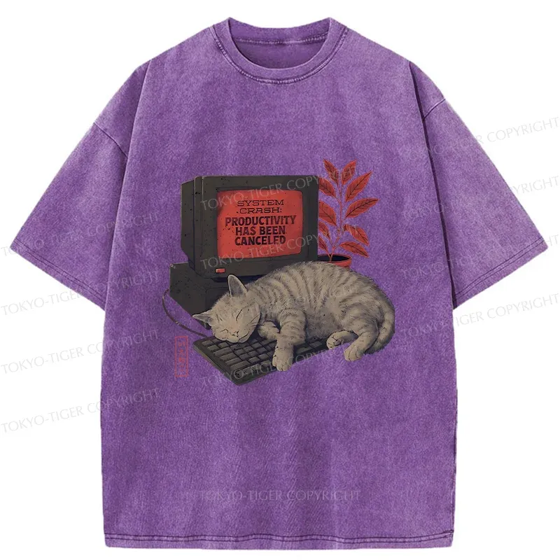 Tokyo-Tiger Cat Sleeping On Computer Washed T-Shirt