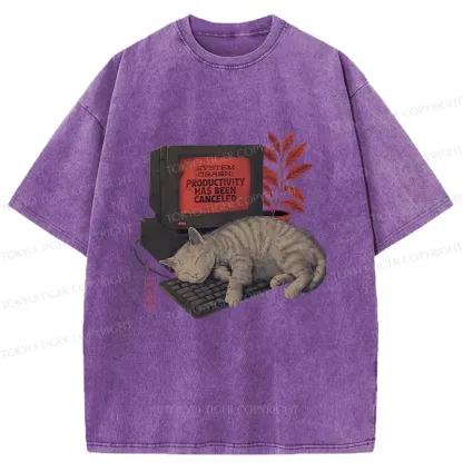 Tokyo-Tiger Cat Sleeping On Computer Washed T-Shirt