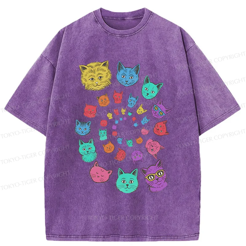 Tokyo-Tiger Psychedelic Spinning Cats Washed T-Shirt