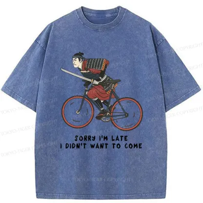 Tokyo-Tiger Samurai Riding A Bicycle Japanese Washed T-Shirt