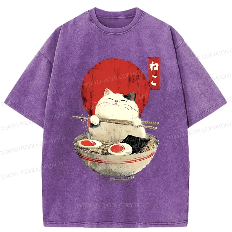 Tokyo-Tiger White Cat Ramen Washed T-Shirt