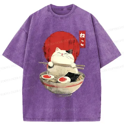 Tokyo-Tiger White Cat Ramen Washed T-Shirt