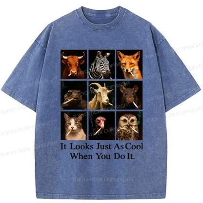Tokyo-Tiger Various Animals Smoking Washed T-Shirt