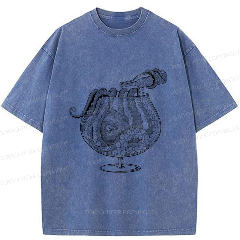 Tokyo-Tiger Octopus Drinking Wine Washed T-Shirt