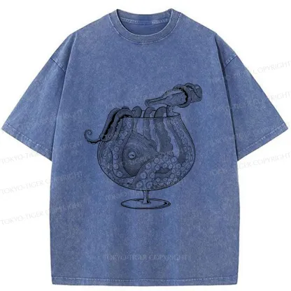 Tokyo-Tiger Octopus Drinking Wine Washed T-Shirt