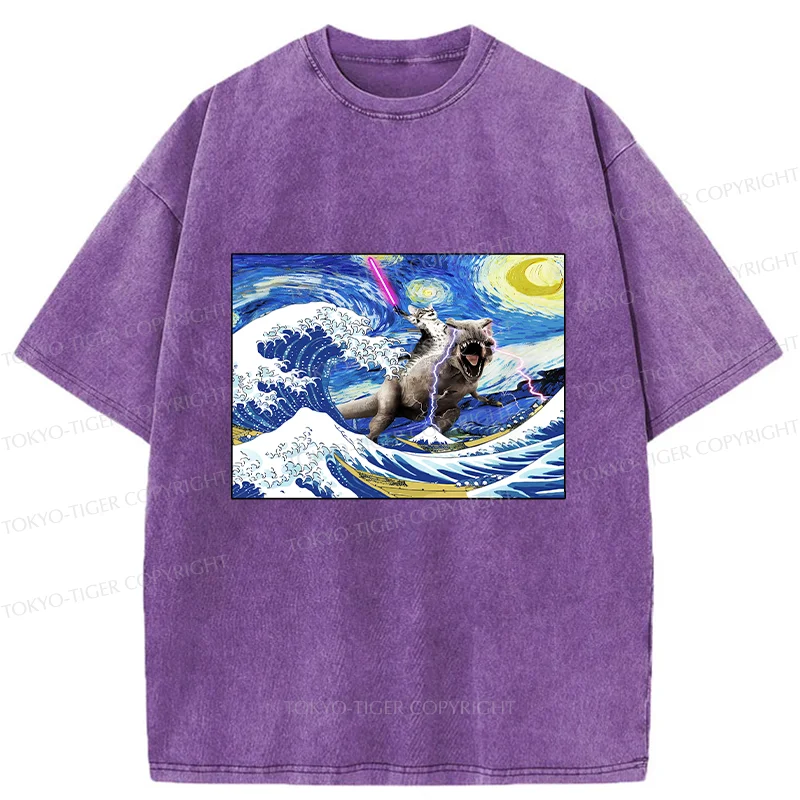 Tokyo-Tiger Cat Riding A Dinosaur In The Surf Washed T-Shirt