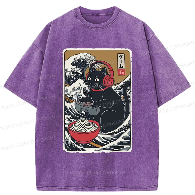 Tokyo-Tiger Cat Playing Video Games Washed T-Shirt