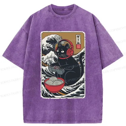 Tokyo-Tiger Cat Playing Video Games Washed T-Shirt