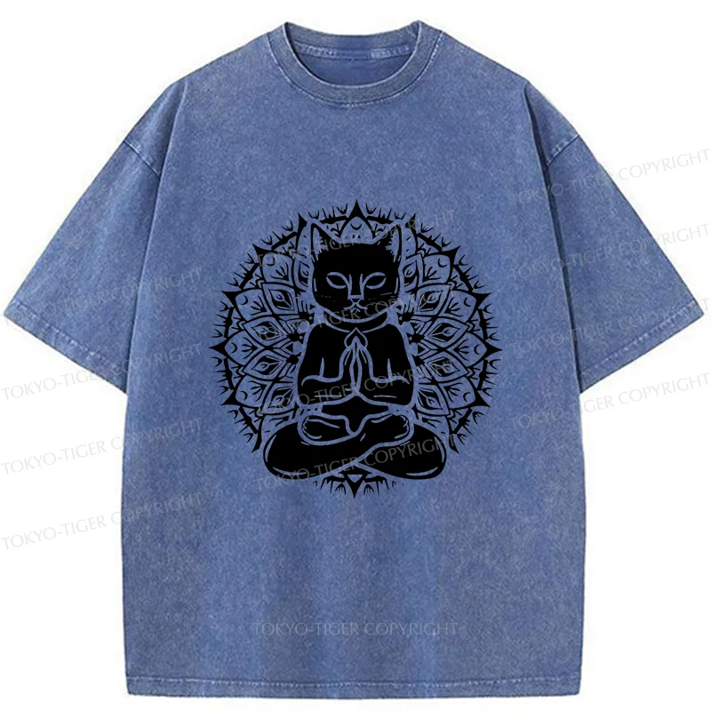 Tokyo-Tiger Yoga Cat Japanese Washed T-Shirt