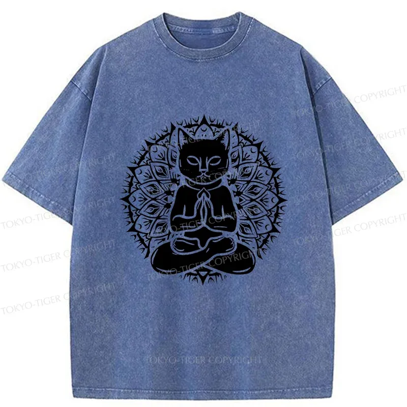 Tokyo-Tiger Yoga Cat Japanese Washed T-Shirt
