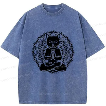 Tokyo-Tiger Yoga Cat Japanese Washed T-Shirt