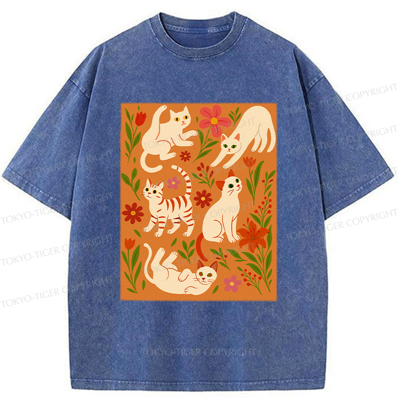 Tokyo-Tiger Cats And Flowers Washed T-Shirt