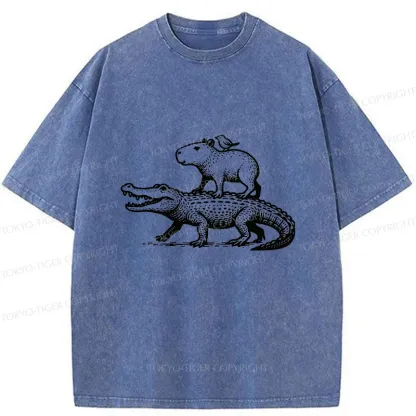Tokyo-Tiger Capybaras Walking With Crocodile Washed T-Shirt