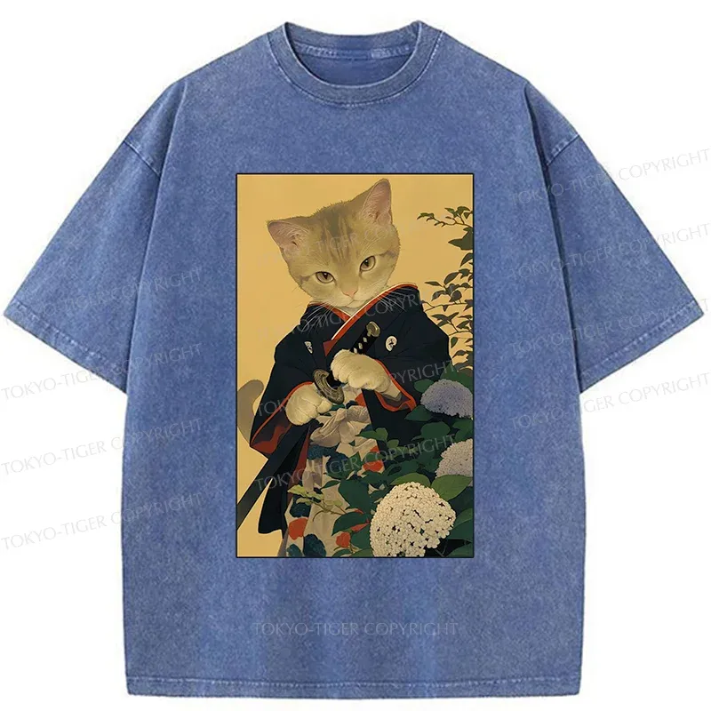 Tokyo-Tiger Kitten Japanese Samurai Washed T-Shirt