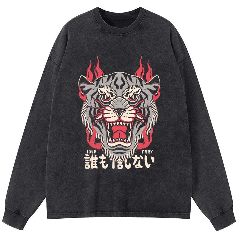 Tokyo-Tiger Retro Tiger Japanese Washed Long Sleeve T-Shirt Sale