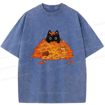 Tokyo-Tiger Black Cat In Autumn Leaves Washed T-Shirt