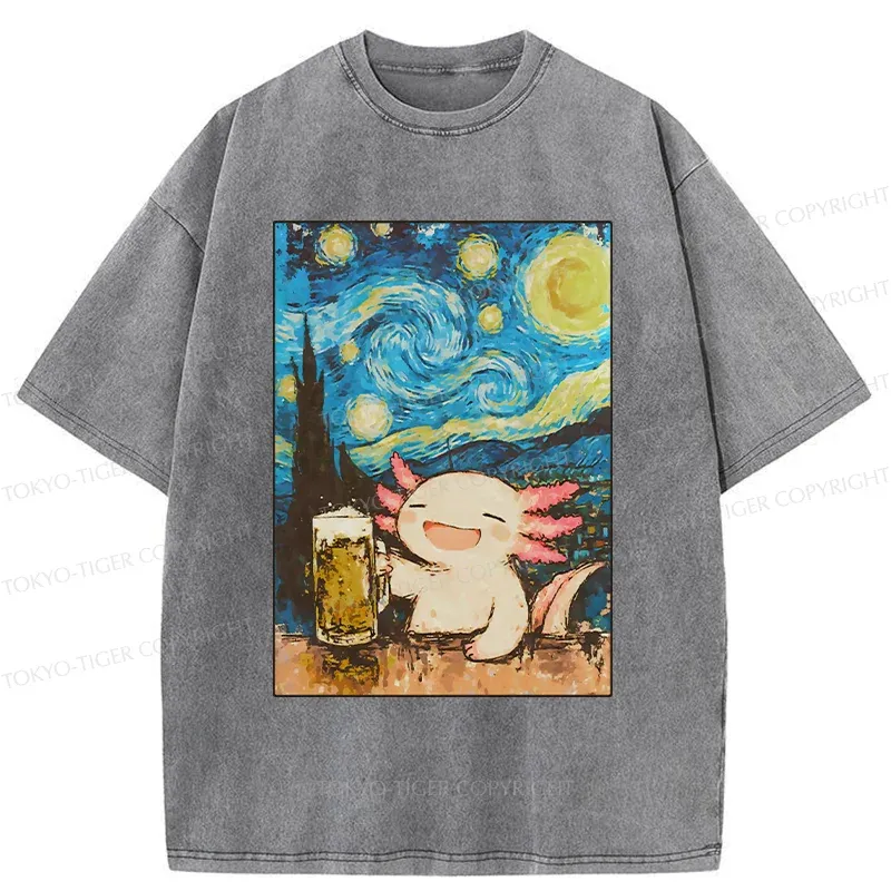 Tokyo-Tiger Axolotl Drinking Beer Washed T-Shirt