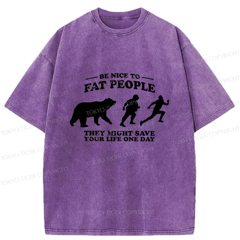 Tokyo-Tiger Fat Bear Chasing Fat Man Washed T-Shirt