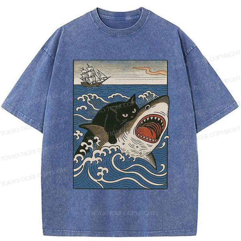 Tokyo-Tiger Cat Hunting Shark Washed T-Shirt