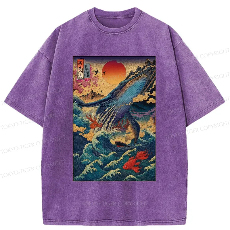 Tokyo-Tiger Ukiyoe Whale Japan Washed T-Shirt