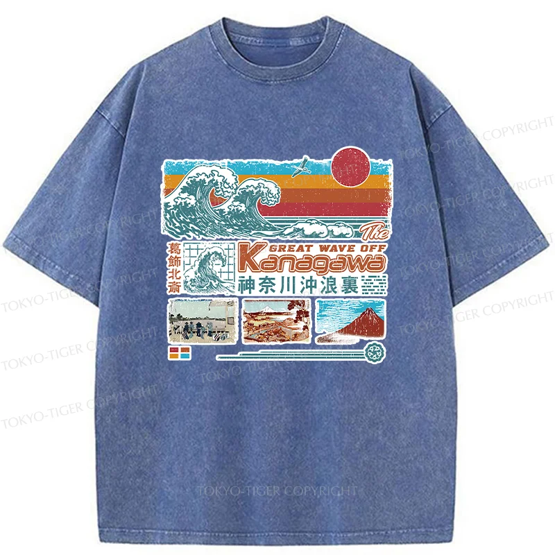 Tokyo-Tiger Retro Ukiyo-e Waves Washed T-Shirt