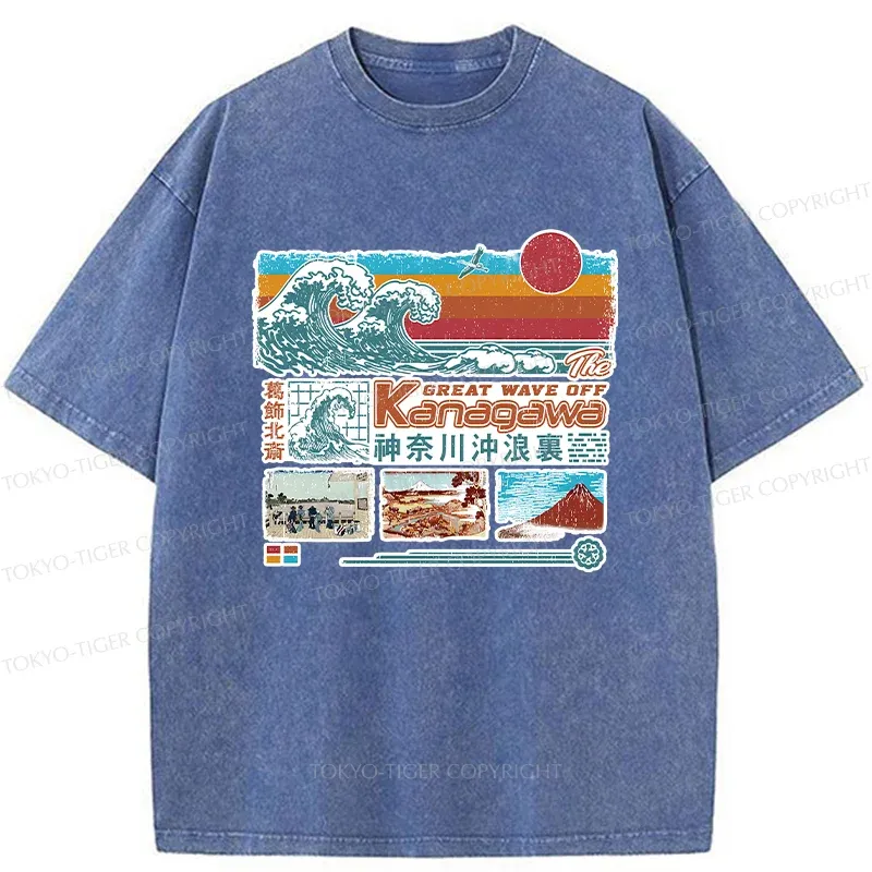 Tokyo-Tiger Retro Ukiyo-e Waves Washed T-Shirt