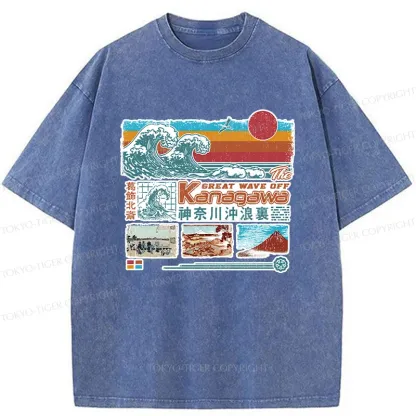 Tokyo-Tiger Retro Ukiyo-e Waves Washed T-Shirt