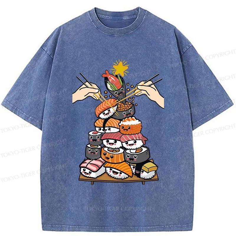 Tokyo-Tiger Sushi Christmas Tree Japan Washed T-Shirt