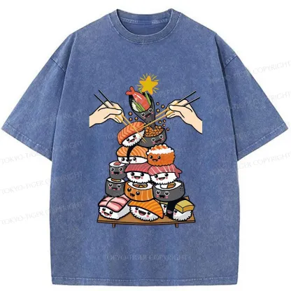 Tokyo-Tiger Sushi Christmas Tree Japan Washed T-Shirt