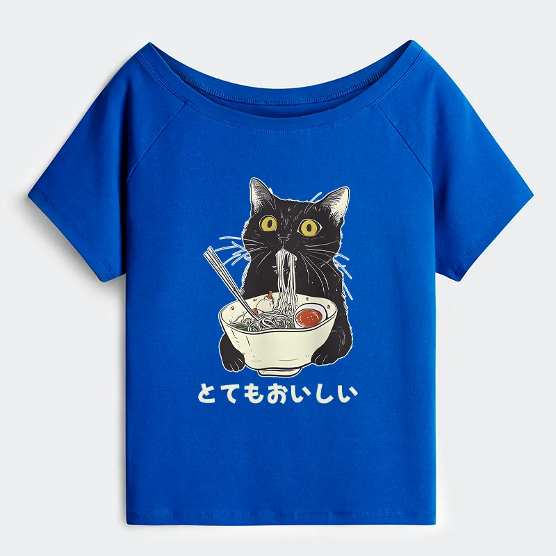 Tokyo-Tiger Cats Eat Ramen Noodles Off Shoulder T-Shirt