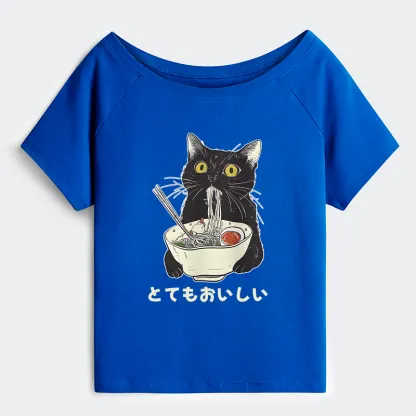 Tokyo-Tiger Cats Eat Ramen Noodles Off Shoulder T-Shirt