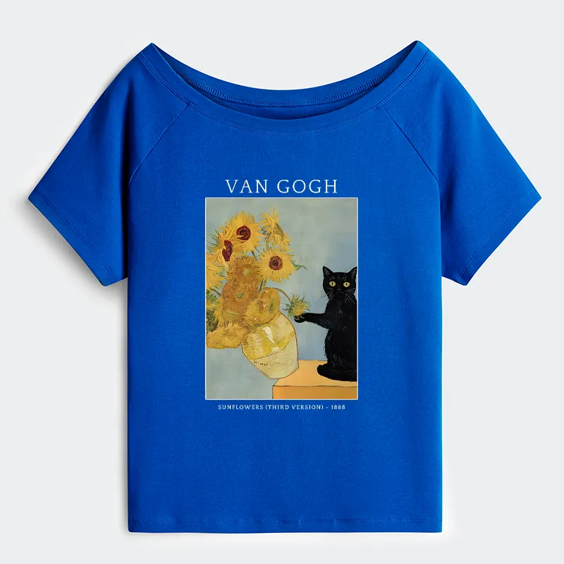 Tokyo-Tiger Black Cat With Sunflowers Off Shoulder T-Shirt