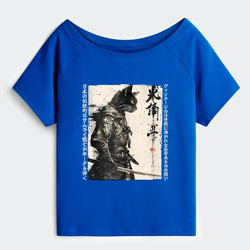 Tokyo-Tiger Cat Samurai Retro Off Shoulder T-Shirt
