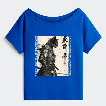 Tokyo-Tiger Cat Samurai Retro Off Shoulder T-Shirt