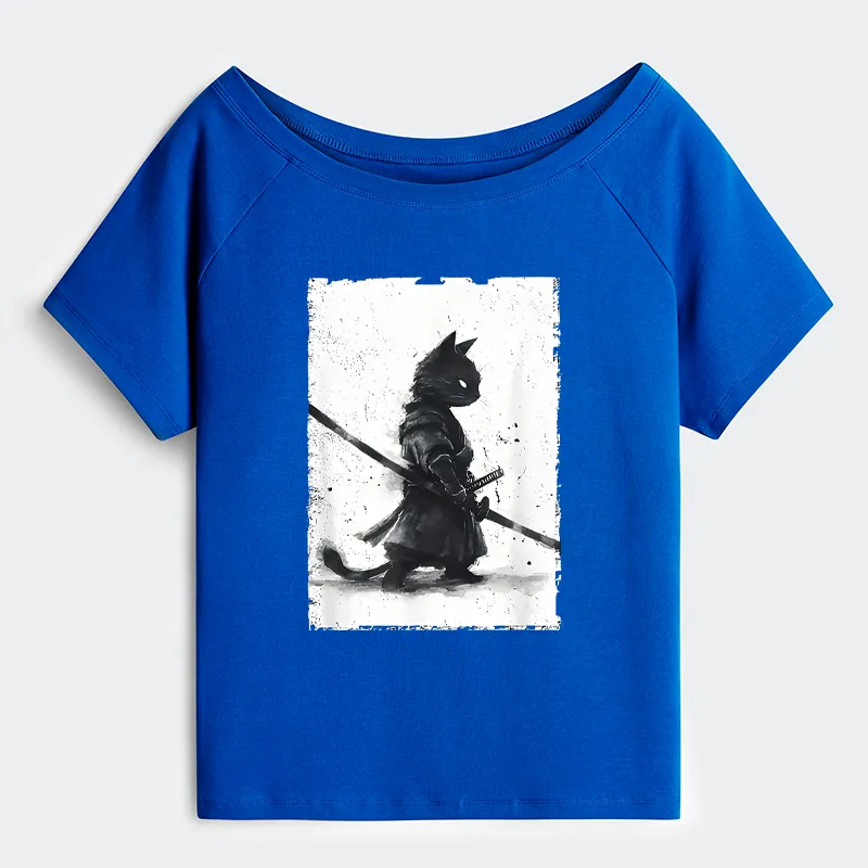 Tokyo-Tiger Retro Cat Samurai Japanese Shoulder T-Shirt