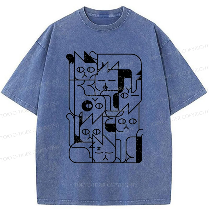 Tokyo-Tiger Abstract Cat Funny Washed T-Shirt