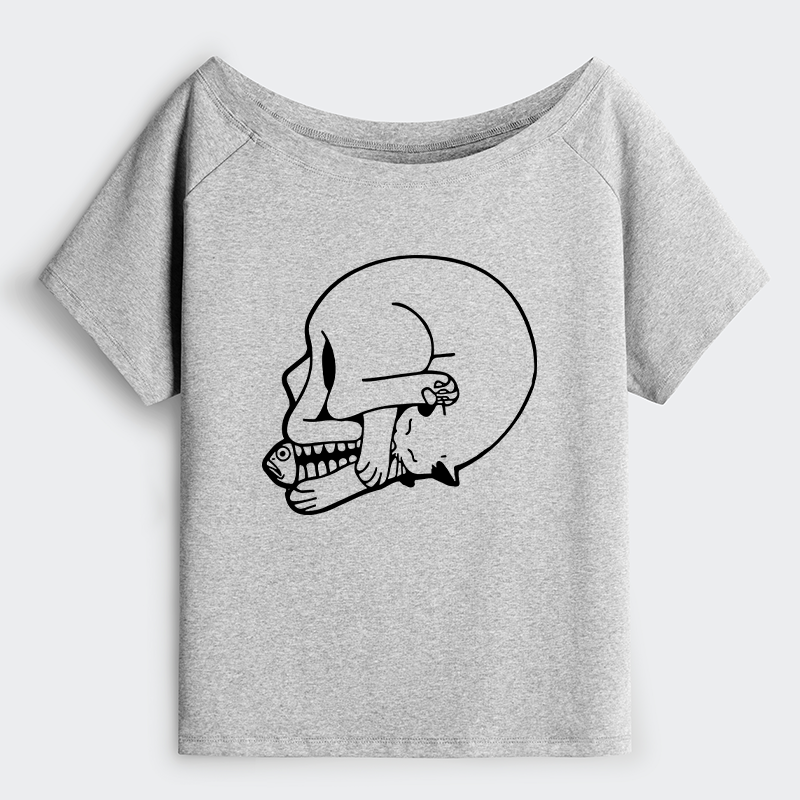 Tokyo-Tiger Funny Cat Eating Fish Off Shoulder T-Shirt