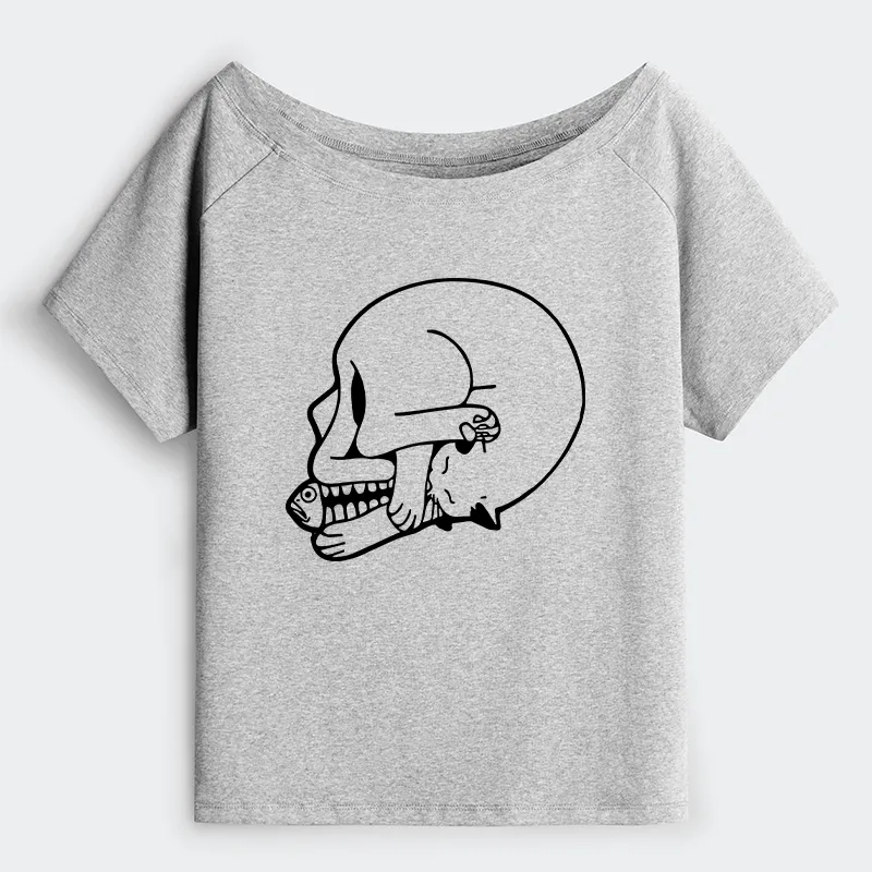 Tokyo-Tiger Funny Cat Eating Fish Off Shoulder T-Shirt