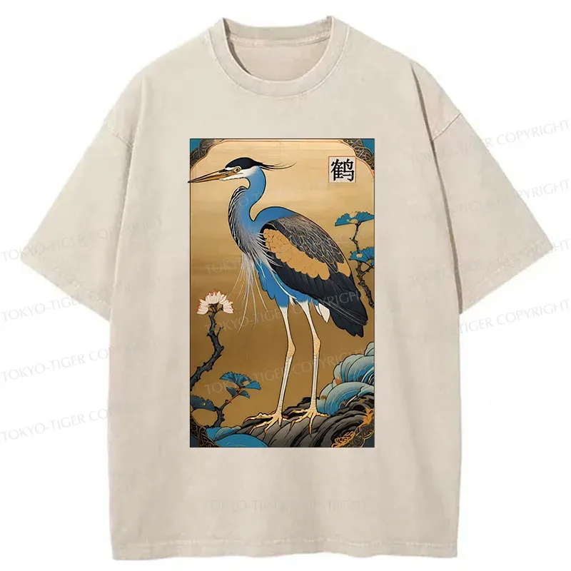 Tokyo-Tiger Ukiyo-e Japanese Cranes Washed T-Shirt