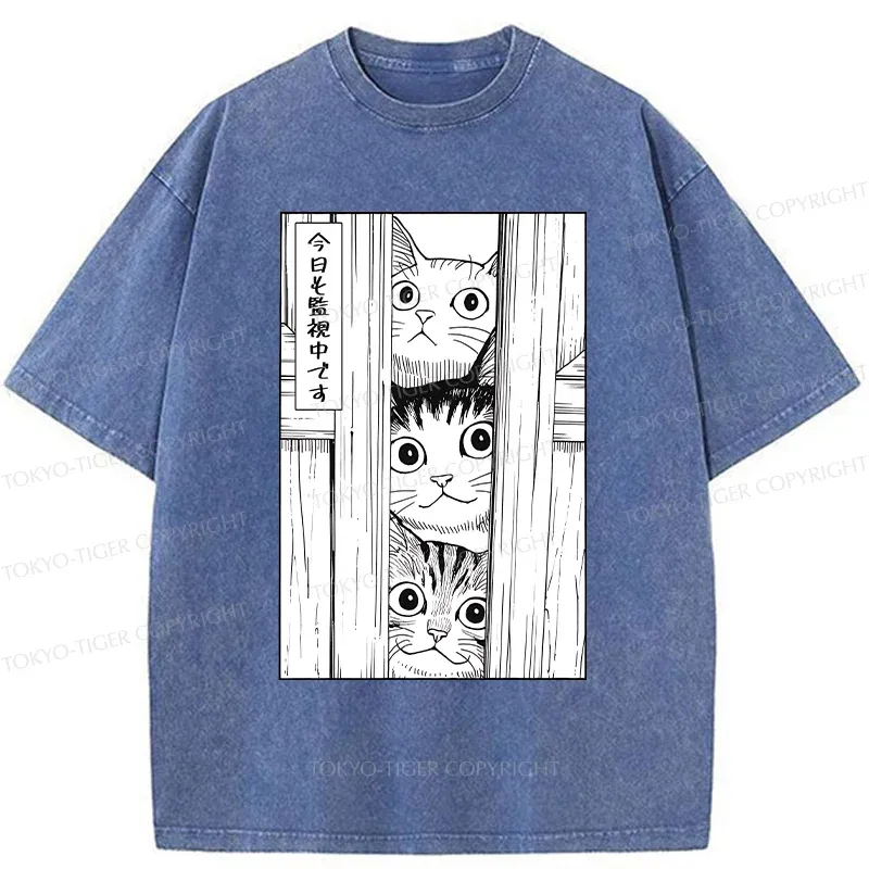 Tokyo-Tiger Three Cats Watching You Washed T-Shirt Sale