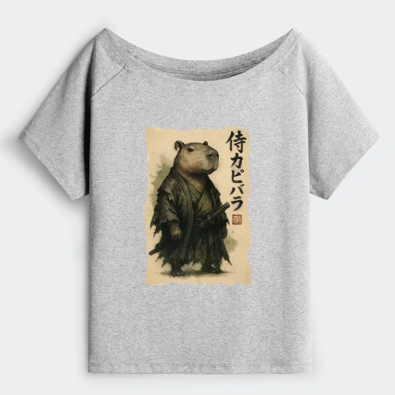 Tokyo-Tiger Capybara Samurai Off Shoulder T-Shirt