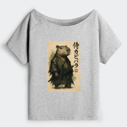 Tokyo-Tiger Capybara Samurai Off Shoulder T-Shirt