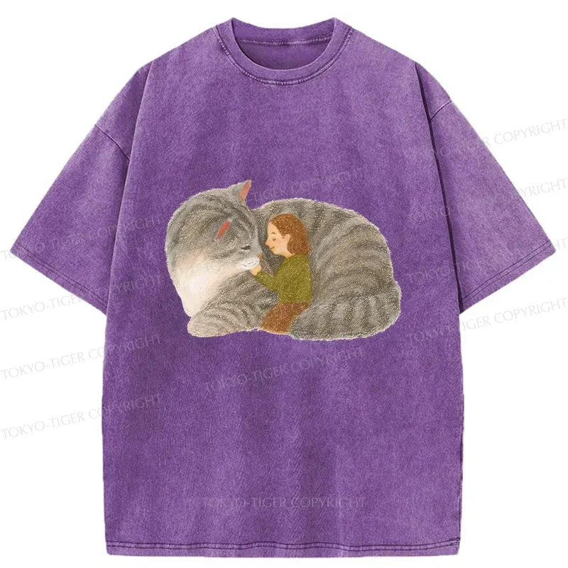 Tokyo-Tiger Girl Hugging Cat Washed T-Shirt