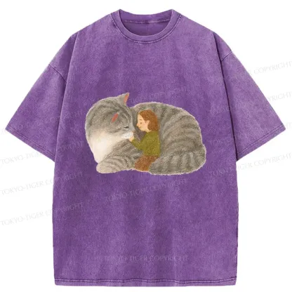 Tokyo-Tiger Girl Hugging Cat Washed T-Shirt