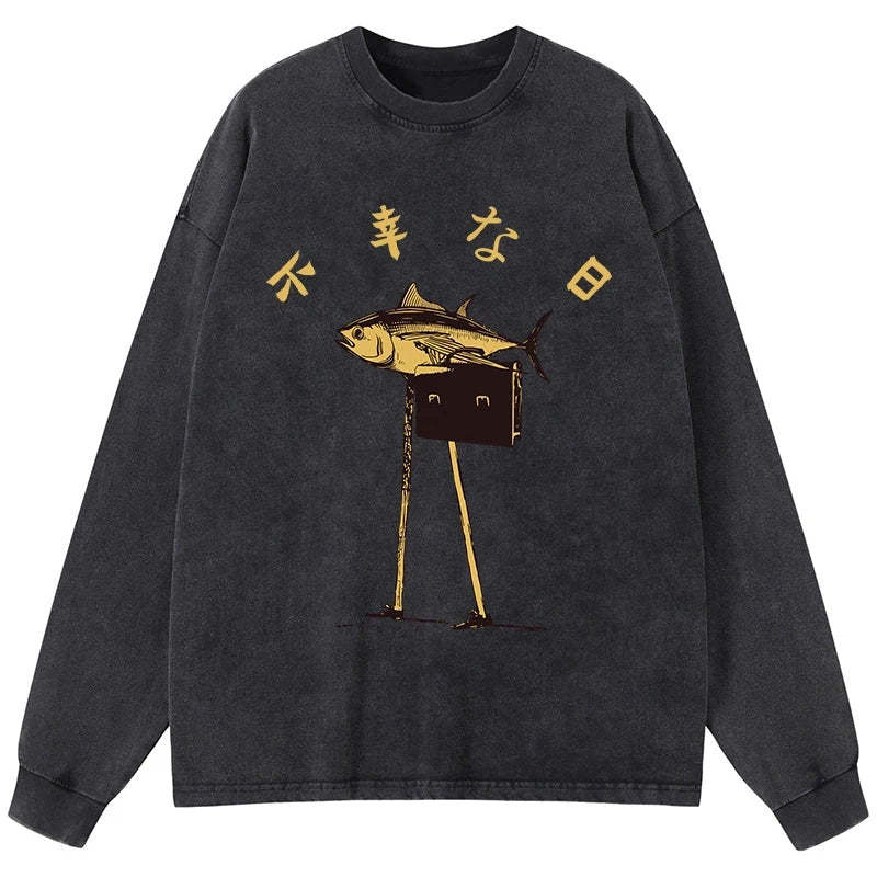 Tokyo-Tiger Unlucky Fish Japanese Washed Long Sleeve T-Shirt